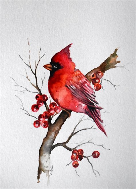 Watercolor Bird Painting Red Cardinal American State Bird Etsy