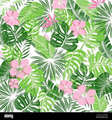 Seamless Pattern Of Abstract Tropical Elements Hand Drawn In Sketch