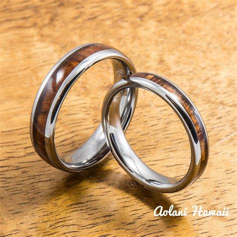 Wedding Band Set Of Tungsten Rings With Hawaiian Koa Wood Inlay 4mm And Aolani Hawaii