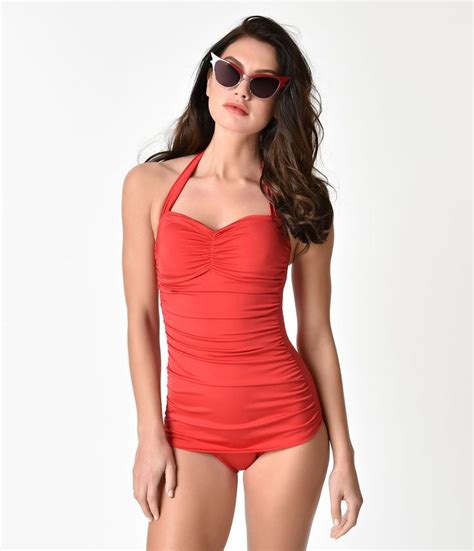 Esther Williams Vintage Inspired 1950s Style Solid Red Swimsuit 1950s