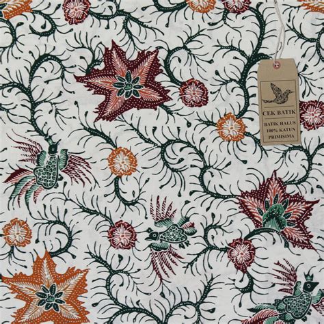 Kain Batik Motif Bunga Bintang Dan Burung Unik Dasar Putih Marun