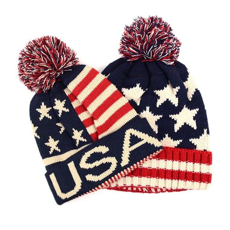 Wholesale Unisex American Flag Knit Pom Beanie Ski Hats 24 Piece Sku