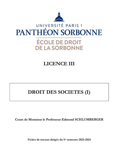 Fascicule de TD Droit des soci Ãt Ãs E Schlumberger Sem 1 2023