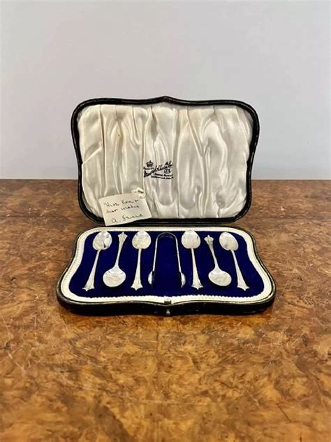 Antique Silver Set Of Six Teaspoons & Sugar Tongs in Antique Cutlery