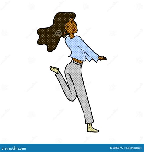 Comic Cartoon Happy Girl Kicking Out Leg Stock Illustration