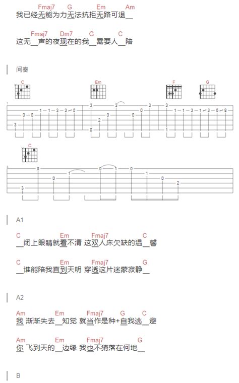 需要人陪简单吉他谱C调 原调F 图片谱 王力宏高清六线谱 教学 新手简易弹唱版