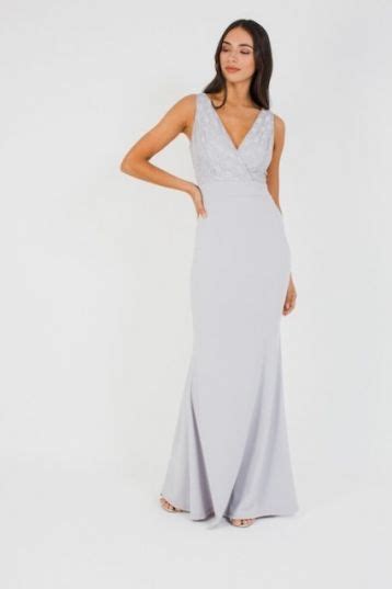 WalG Deep V Grey Lace Maxi Bridesmaid Dress Silver Myonewedding Co Uk