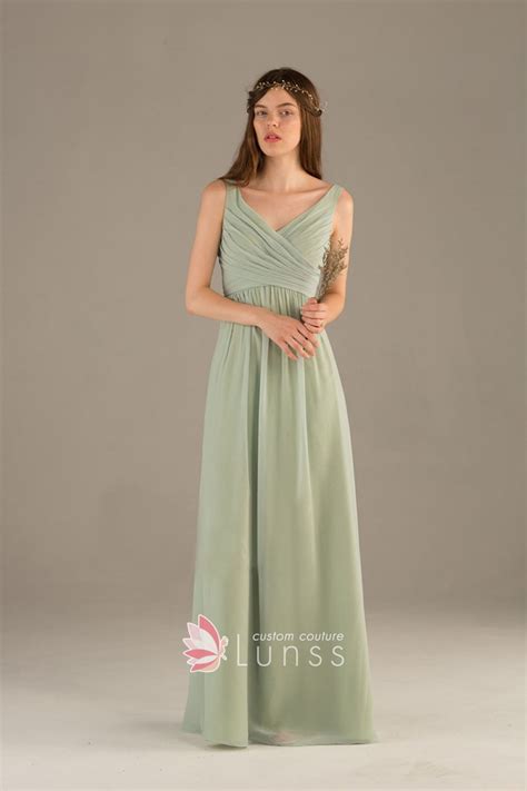 Pleated Sage Chiffon Vintage A Line Long Bridesmaid Dress Lunss