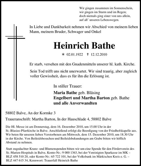 Traueranzeigen Von Heinrich Bathe Trauer In NRW De