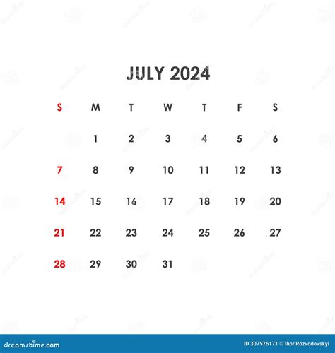 Calendar for July 2024. the Week Starts on Sunday. Stock Vector