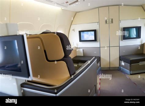 NEW YORK - MARCH 13, 2016: interior of Boeing 747-8I. The Boeing 747 is an American wide-body ...