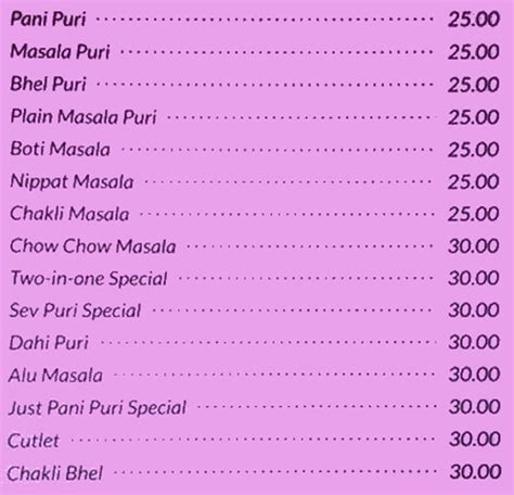 Just Pani Puri Menu Menu For Just Pani Puri Banaswadi North