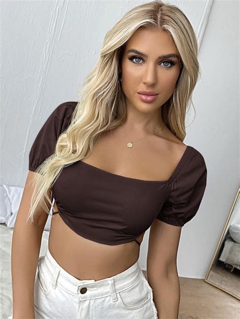 Shein Priv Puff Sleeve Tied Backless Crop Top Shein Usa