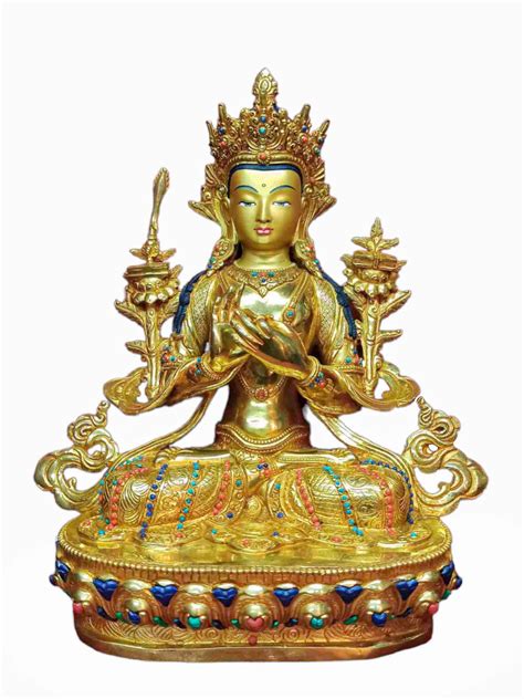 Buddhist Handmade Statue Of Manjushree Full Gold Plated Stone Setting