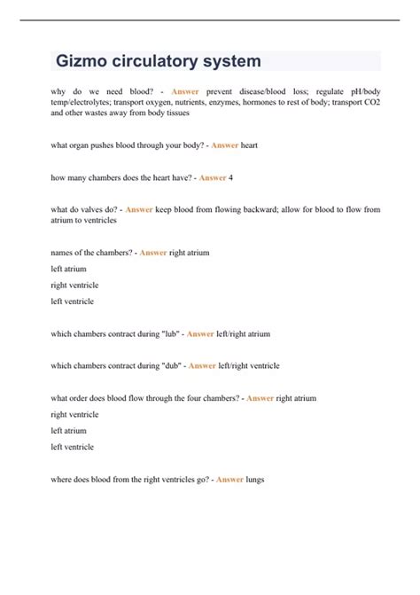 Circulatory System Gizmo Quiz Answer Key 1