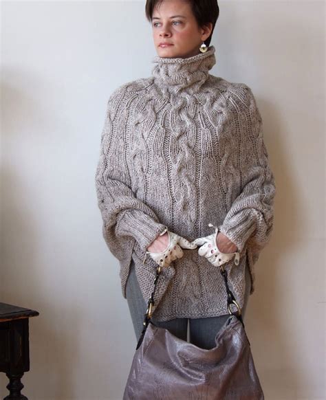 Hand Knitted Poncho Braided Cape Sweater Coffee Beige Poncho With