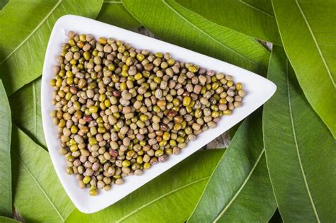 Cuenco Con Granos De Frijol Mungo Rodeados De Hojas Verdes En La Vista