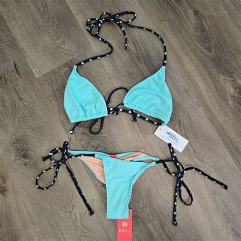 Doll Bikini Swimsuit Women S Two Piece Aqua Black Polka Dot String Set Ebay