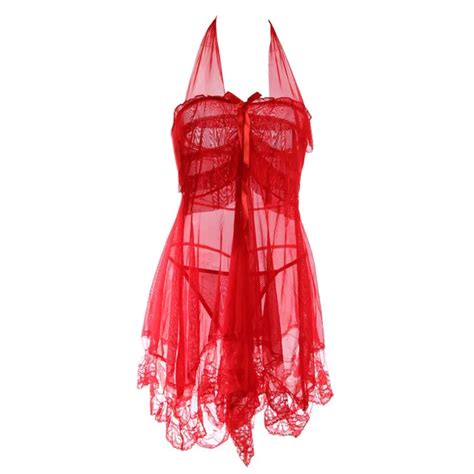 Valentines Gift Sexy Women Lace Babydolls Lingerie Halter Ruffles Sheer Mesh Transparent