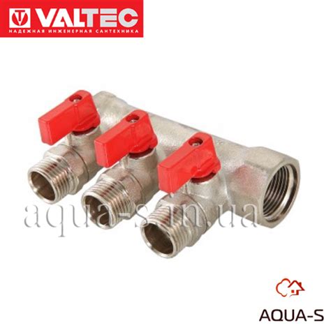Коллектор латунный c шаровыми кранами Valtec DN 3/4"х1/2"х3 выхода ...