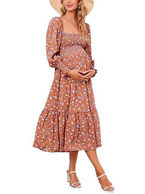 Thaisu Women Summer Maternity Dress Long Sleeve Square Neck Pleated