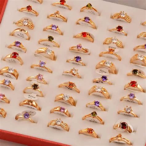 50 Pcs Mixed Lots Rings Wholesale Cz Crystal Golden Color Women Rings