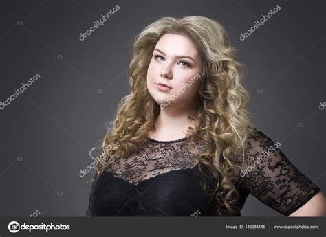 Young Beautiful Blonde Plus Size Model In Black Dres Xxl Woman