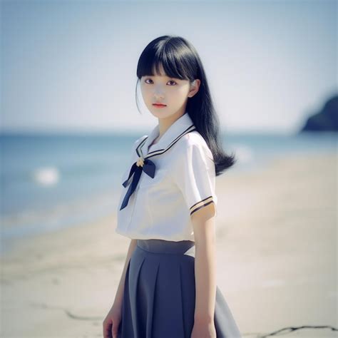 Premium AI Image | a girl in a school uniform stands on a beach