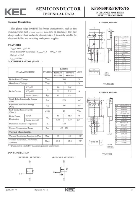 Kf5n50fr Kec Transistor Hoja De Datos Ficha Técnica Distribuidor