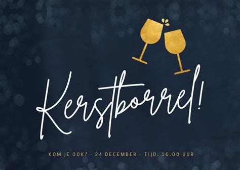 Uitnodiging Kerstborrel Met Gouden Wijnglazen Kaartje Go