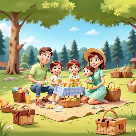 Premium Photo | Picnic scene with happy family in the forest cartoon 3D ...