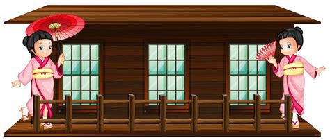 Two japanese girls at wooden hut 447744 Vector Art at Vecteezy