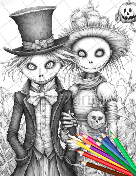 Scary Scarecrows Grayscale Coloring Pages Printable For Adults Hal