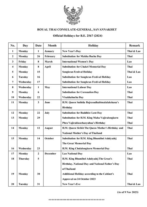 วันหยุดราชการ Official Holidays สถานกงสุลใหญ่ ณ แขวงสะหวันนะเขต Royal Thai Consulate