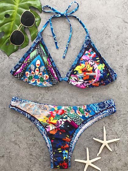 Casual Boho Style Multi Color Floral Print Bikini Set Bikinis Printed Bikini Sets Print Bikini