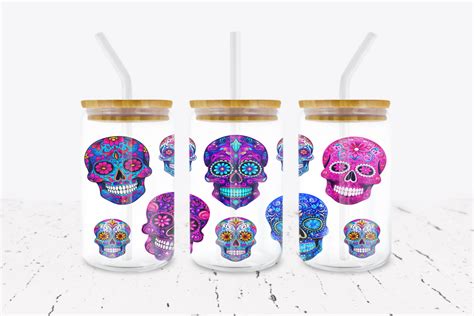 Sugar Skulls 16 Oz Libbey Glass Can Wrap Sticky Fingers Vinyl