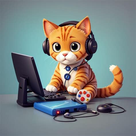 Premium Photo Cute Cat Playing Game On Computer With Controller And