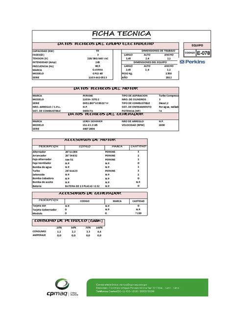 Ficha Tecnica Datos Tecnicos Del Grupo Electrogeno Pdf Máquinas Motores