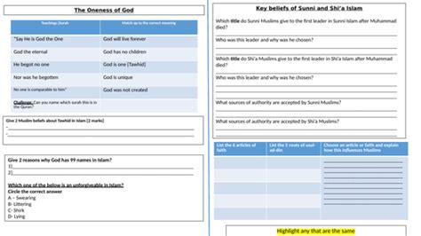 Aqa Religious Studies A Islam Beliefs And Teachings Revision Actvities