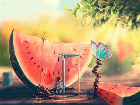 Summer, watermelon, girl, butterfly, art painting wallpaper | art and ...