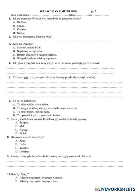 Sprawdzian Z Mitologii Worksheet Workbook School Subjects Worksheets