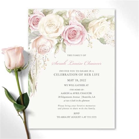 Blush Roses Memorial Service Invitation For A Celebration Of Life