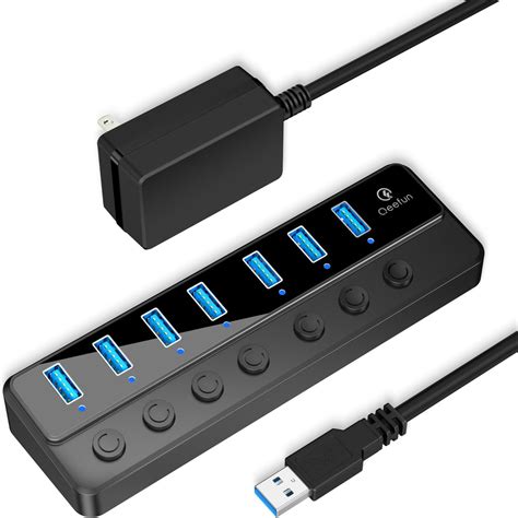 Qeefun Powered Usb 30 Hub 7 Ports Usb Date Hub 12v2a 24w Power Adapter Usb Extension