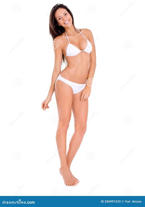 For Summer Full Length Studio Shot Of A Beautiful Brunette Model In A Bikini Isolated On White