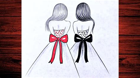 Two girls best friends in beautiful dresses drawn in pencil step by step/Easy drawings for ...