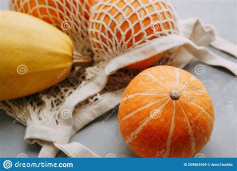 Mesh Shopping Bag With Vegetables Autumn Pumpkin Harvest Stock Image