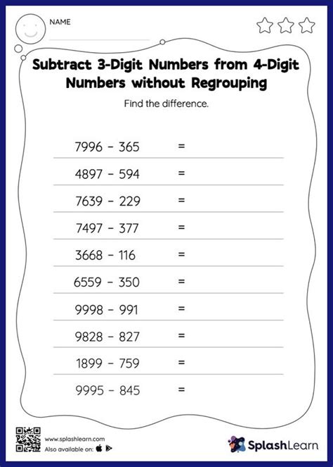 Subtract 3 Digit Numbers From 4 Digit Numbers Without Regrouping