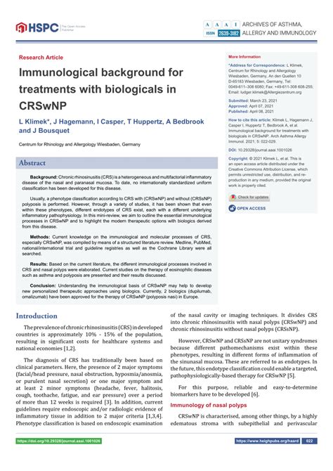 PDF Immunological Background For Treatments With Biologicals In CRSwNP