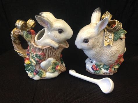 Fitz Floyd Snowy Woods Bunny Rabbit Sugar Bowl W Spoon Cream Pitcher