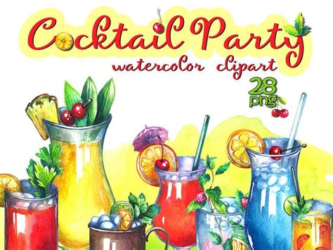 Cocktails Watercolor Clipart Drinks Clipart Summer Clipart Cocktail Party Digital Beach